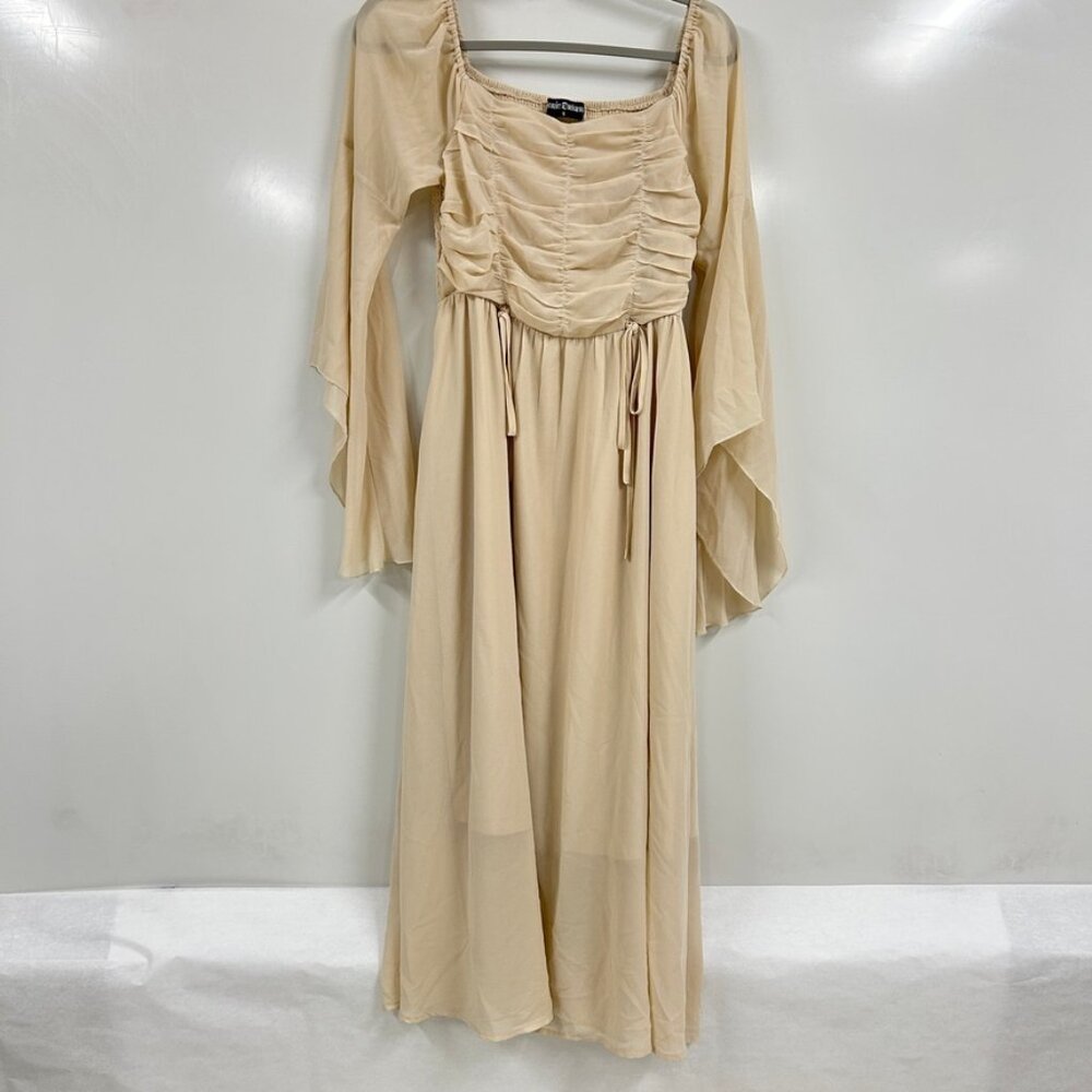 Boho Ruched Cream Maxi Dress with Flared Sleeves